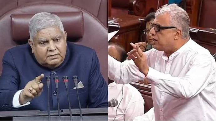 राज्यसभा सभापति जगदीप धनखड़ (बाएं) और टीएमसी सांसद डेरेक ओ'ब्रायन | फोटोः PTI
